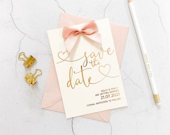 Foil Save the Date wedding card Bow | Ivory Cardstock | Hot pink foil, rose gold, Iridescent Foil, Silver Foil, Gold Foil | A6