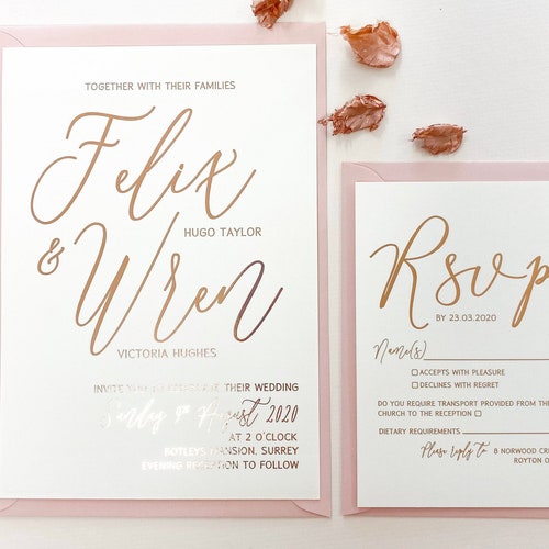 Foil Wedding Invitation Set Navy Blue Cardstock Rose Gold Etsy