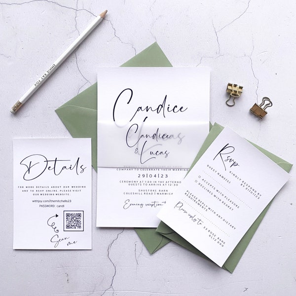 Wedding Invitation Set | SIMPLE SCRIPT | white Cardstock | RSVP details vellum band bundle