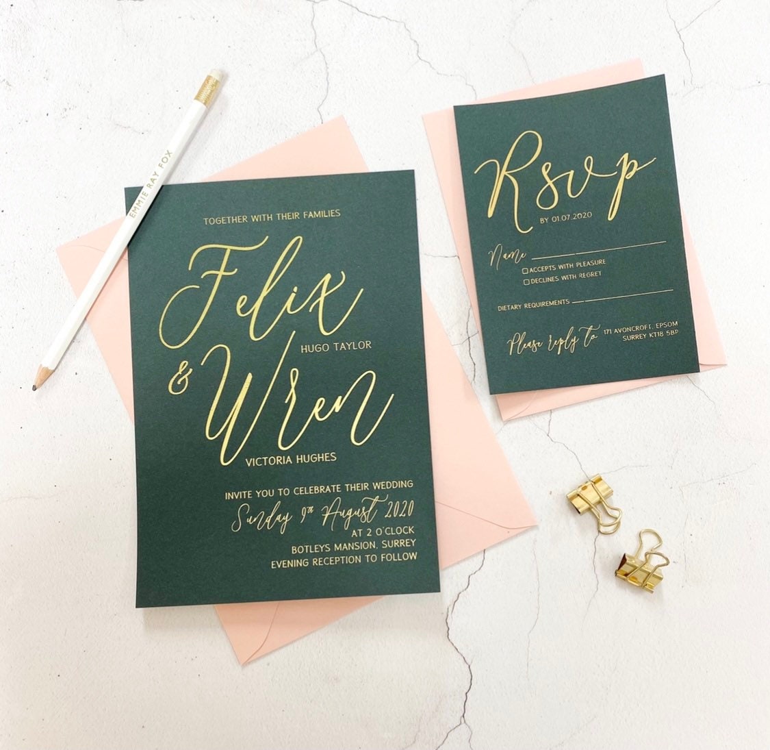Foil Wedding Invitation Set Dark Green Cardstock Rose Gold