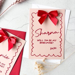 Tarjeta de propuesta de dama de honor / LAZO FESTOZADO ROJO / ¿Quieres ser mi? / A6 rojo rosa