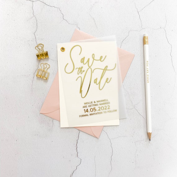 Foil Save the Date Vellum Wedding Card Ivory Cardstock Rose Gold