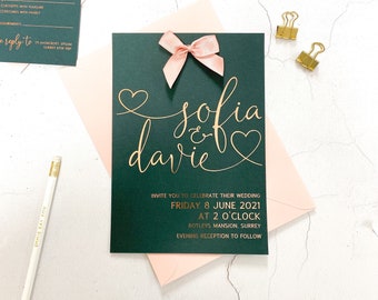 Foil Wedding Invitation Set | Dark Green Cardstock with Bow | Rose Gold Foil, Silver Foil, Gold Foil | A5 A6