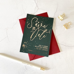 Foil Save the Date wedding card | DARK GREEN Cardstock | SPLATTER Rose Gold, Silver Foil, Gold Foil | A6