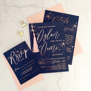 Foil Wedding Invitation | SPLATTER NAVY SCRIPT | Rose Gold Silver Gold | A5 A6