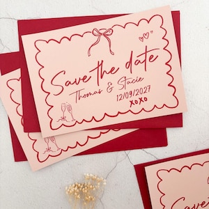 Save The Date Karte | ROSA WHIMSICAL SCHLEIFE | Hochzeit | A6 rot rosa weiß