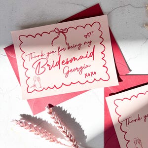 Thank you for being my Bridesmaid Card | WHIMSICAL BOW THANKYOU | personalised gift | A6 red pink