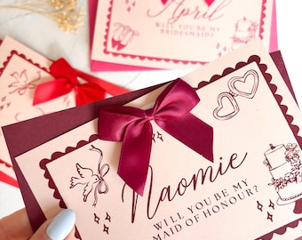 Bridesmaid Proposal Card | WHIMSICAL DOVE | will you be my | A6 red hot pink burgundy