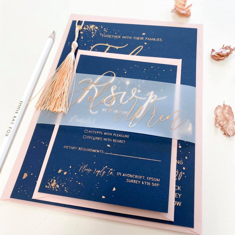 Foil Wedding Invitation Suite Navy Blue Cardstock Splatter Etsy UK