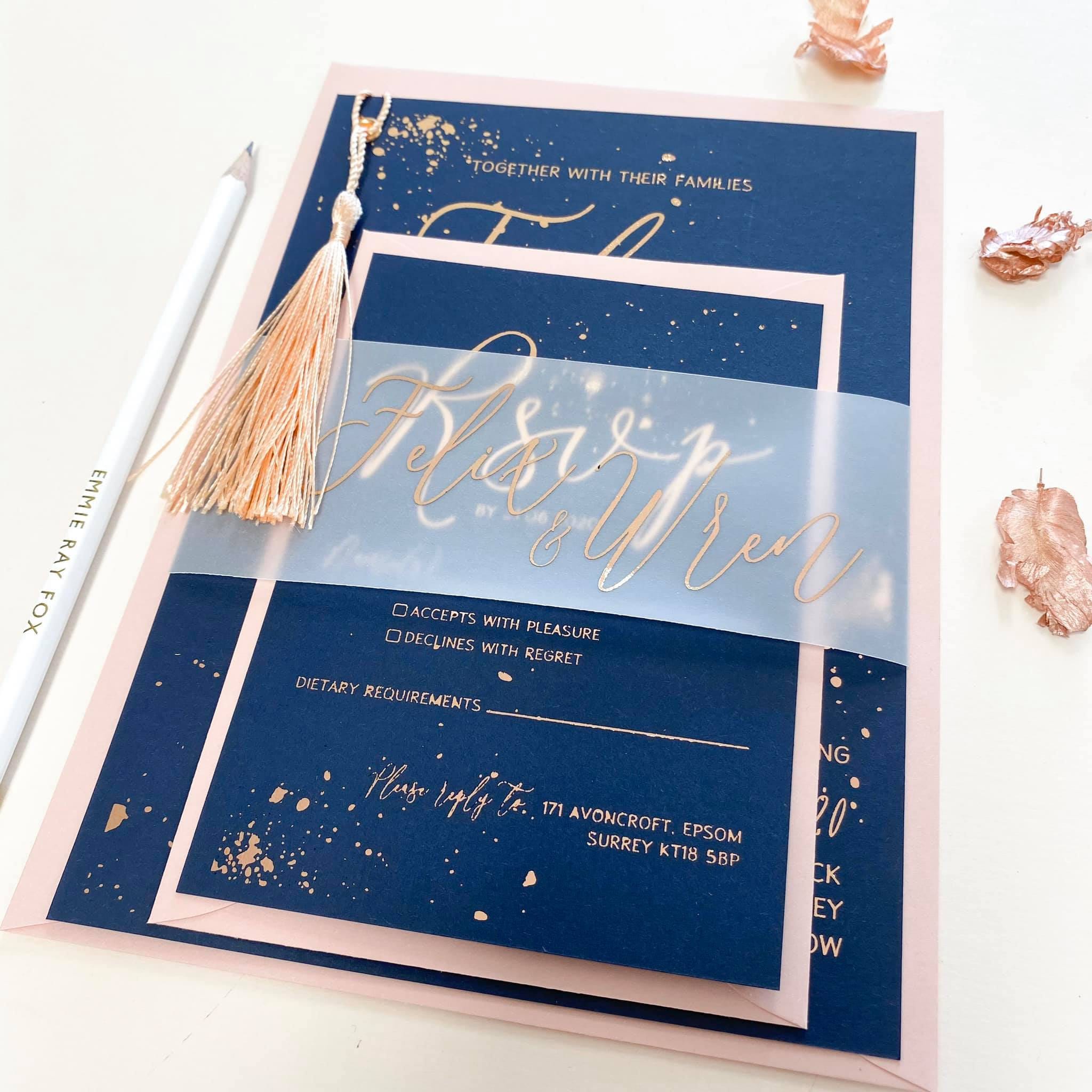 Foil Wedding Invitation Suite Navy Blue Cardstock Splatter Rose Gold Foil,  Silver Foil, Gold Foil A5 A6 