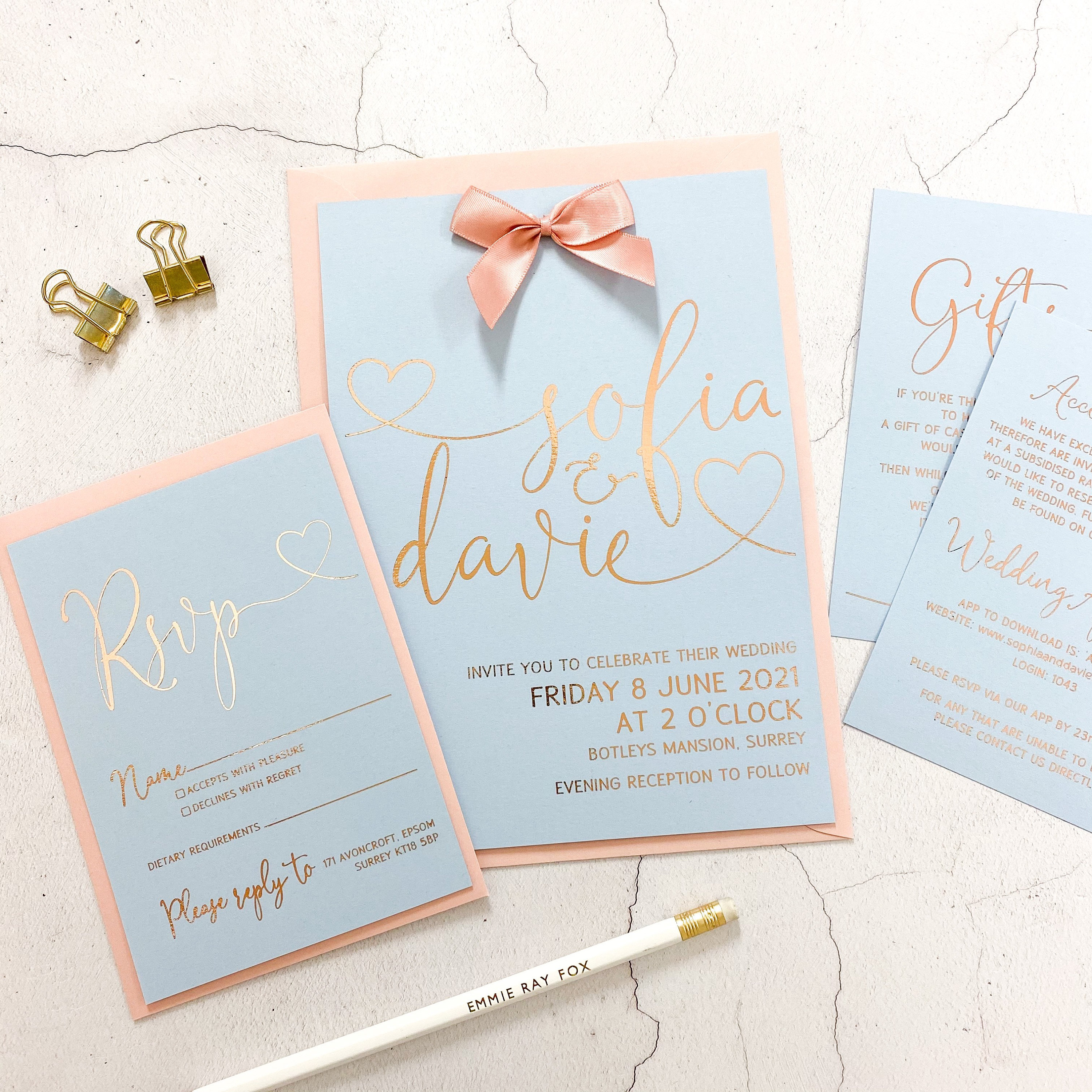 Foil Wedding Invitation Set Pastel Blue Cardstock with Bow | Etsy