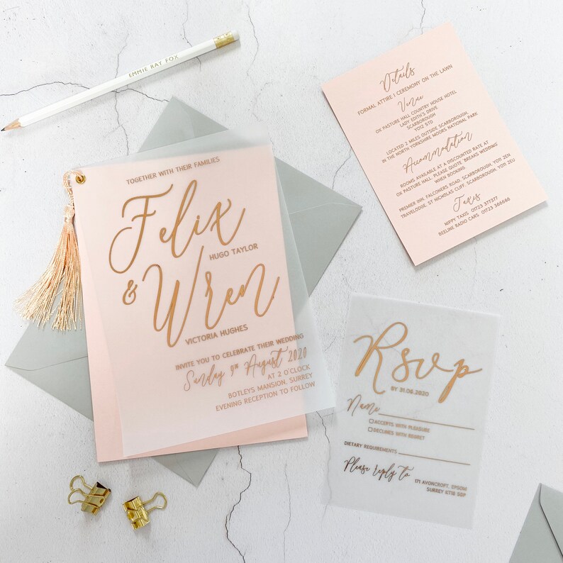 Vellum Wedding Invitation Set VELLUM OVERLAY on Pink Etsy UK