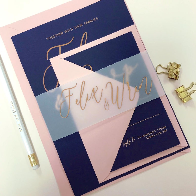 Foil Wedding Invitation Set Navy Blue Cardstock Rose Gold Etsy UK