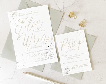 Foil Wedding Invitation Suite | WHITE Cardstock SPLAT | Rose Gold Foil, Silver Foil, Gold Foil | A5 A6