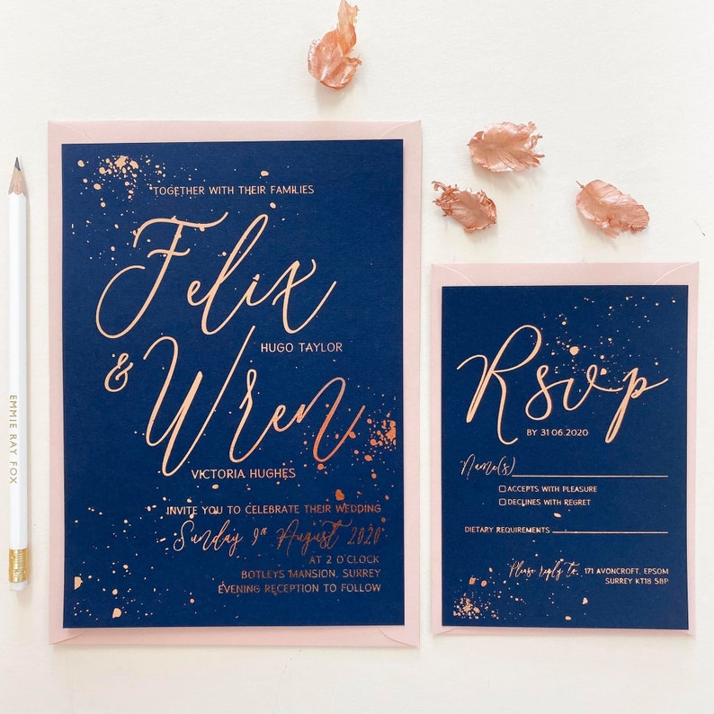 Foil Wedding Invitation Suite Navy Blue Cardstock Splatter Etsy UK