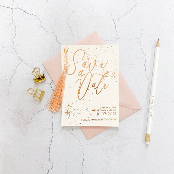 Save the Date Wedding Card Ivory Cardstock Rose Gold, Silver Foil