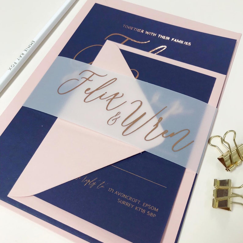 Foil Wedding Invitation Set Navy Blue Cardstock Rose Gold Etsy UK