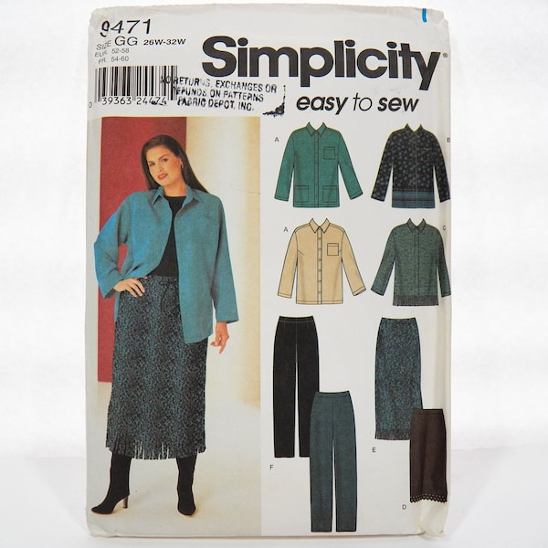 UNCUT Simplicity 9471 Pattern for Easy to Sew Wardrobe, Button Front Shirt, Straight Skirt and Pants, Sizes 26W 28W 30W 32W, Bust 48 to 54