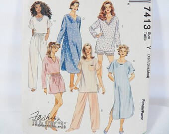 UNCUT Easy McCalls 7413 Pattern, Misses' Nightshirt, Pajama Top in 2 Lengths, Pull-on PJ Pants and Pull-on PJ Shorts, Sizes 4 6 8 10 12 14