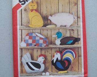 UNCUT Vintage Simplicity 5684 Pattern for SIX Animal Pillows - Rabbit, Pig, Cat, Duck, Hen, Rooster, Country Home Decor, Baby Shower Gifts