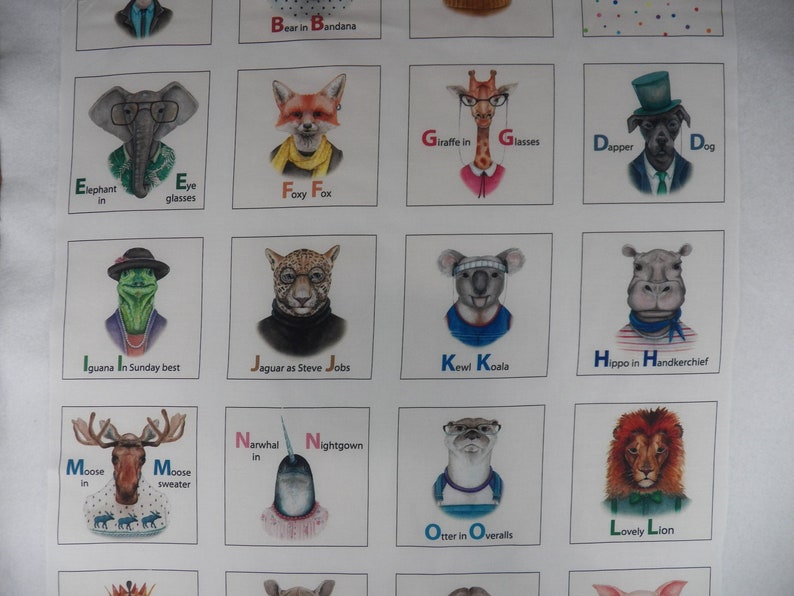 Zootopia A-Z Fabric Panel, 26 Snazzily Dressed Animals, 22001 Beige by Rachel Neiman for Elizabeth's Studio, 24 x 44 approx. 5 blocks image 1