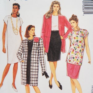 May include: Illustration of four women modeling different outfits. The outfits include a white dress, a pink blazer with a black skirt, a plaid coat over a black dress, and a floral top with a pink skirt. The image is a pattern for clothing.