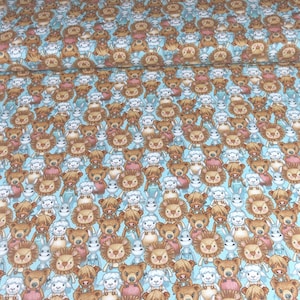 May include: Light blue fabric with a repeating pattern of cartoon teddy bears, lions, and sheep. The bears are brown with pink accents, the lions have tan manes, and the sheep are white. The fabric is rolled up at the top.