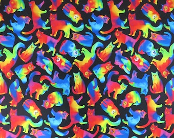 Neon Rainbow Cats Cotton Fabric, Timeless Treasures #CAT-CD8805. Colorful Ombre Cats in Bright Colors scattered across a black background