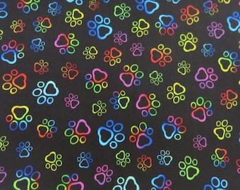 Neon Rainbow Ombre Paw Print Outlines Cotton Fabric, Timeless Treasures #PAW-CD8807 BLACK