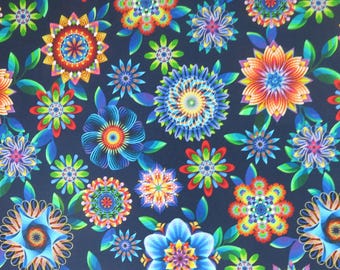 Fractal Flowers Cotton Fabric, Kaleidoscope Geometric Print
