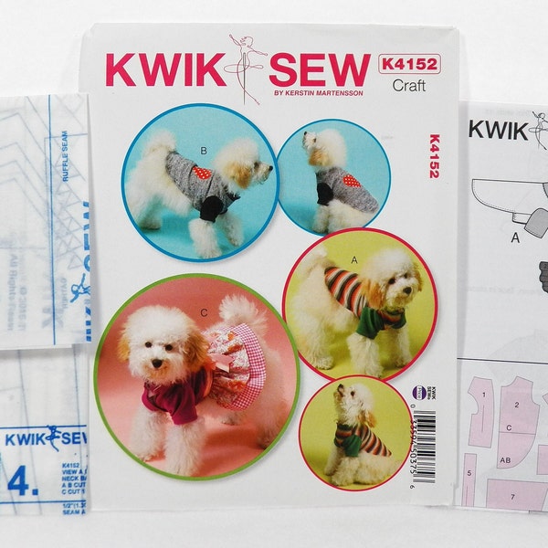 UNCUT Kwik Sew K4152 Craft Pattern for Dog Clothes, Short Sleeve Ruffled Dress or Short Sleeve T-Shirt, in Sizes XSmall - S - M - L - XLarge