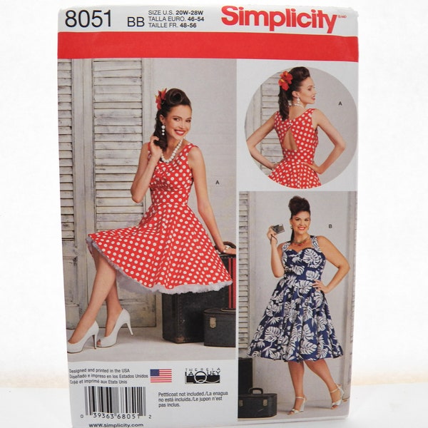 UNCUT Simplicity 8051 Pattern, Sleeveless Dress with Keyhole Back or Dress with Sweetheart Neckline, Criss Cross Back, Sizes 20W 22W 24W 26W