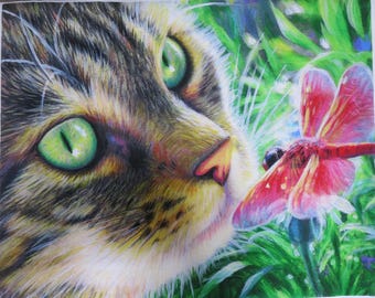 David Textiles "Cat and The Red Dragonfly" Cotton Fabric Panel 35" x 44" design by Bridget Voth