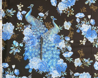 Tissu en coton à fleurs paon, plumet royal, touches d'or, BTY