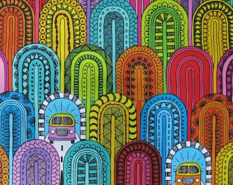 Windham "Summer Lovin-Cruisin" Cotton Fabric by Shayla Wolf, Style #53766-1Multi, Colorful Arches and VW Buses