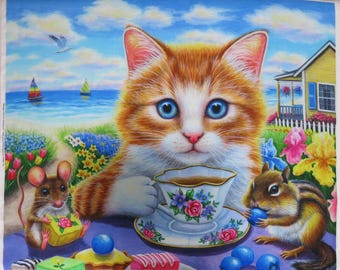 David Textiles "Tea by the Sea" Cotton Fabric Panel 35" x 44" Bridget Voth design, Cat with Mouse and Squirrel Friends by the Seaside