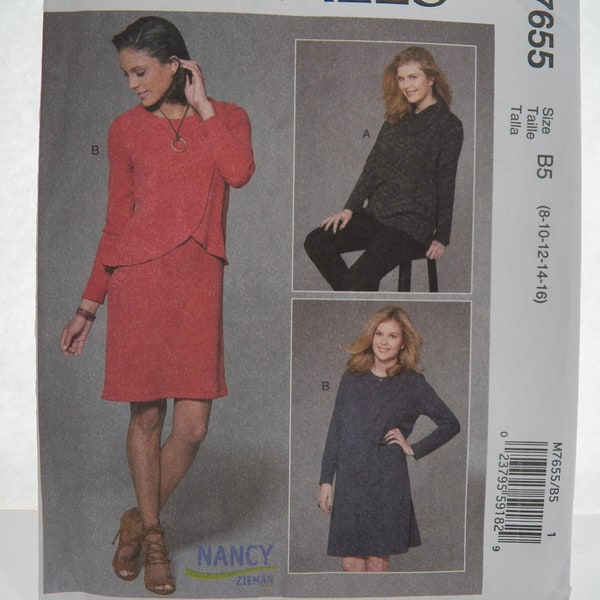 UNCUT McCall's M7655 Pattern for Misses' Pullover Tunic and Dress with Front and Back Overlay and Collar Variations, Sizes 8 10 12 14 16