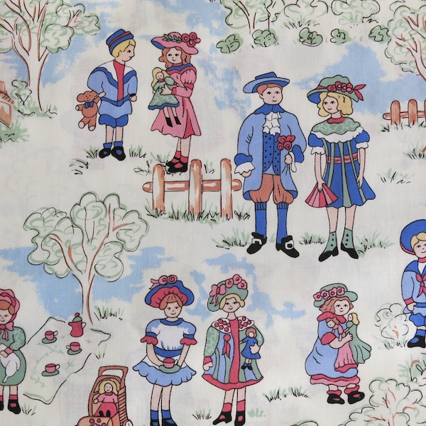 Fabric Visions Inc. cotton fabric "VINTAGE" of 1800s era Children in a park with Dolls Teddy Bears Sailboat... having a Tea Party,