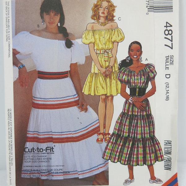 UNCUT McCall's 4877 Pattern for 2 piece Dress of Tiered Gathered Skirts with Button Front Top with Elasticized Neckline, Sizes 12 14 16