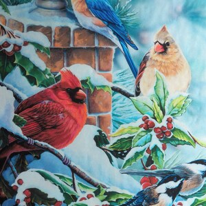 Fabric Panel of Birds perched in a Snow-Covered Holly Bush by Jenny Newland for David Textiles, 34" x 42", Cotton Quilt Panel, Finches...