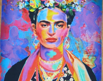 Panneau de tissu en coton représentant l'autoportrait de Frida Kahlo, 61 x 107 cm, collection Trésors Intemporels n° CD374, avec coiffe florale et deux perroquets.