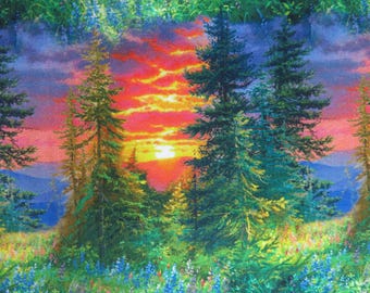 May include: A vibrant landscape painting featuring a sunset with a fiery sky of red, orange, and yellow hues. Tall evergreen trees frame the scene, with a foreground of wildflowers and a hint of mountains in the distance. The artwork evokes a sense of nature's beauty.