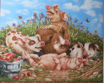 Happy Pigs Fabric Panel, Elizabeth's Studio Cotton Blocks, Country Kitchen Quilting