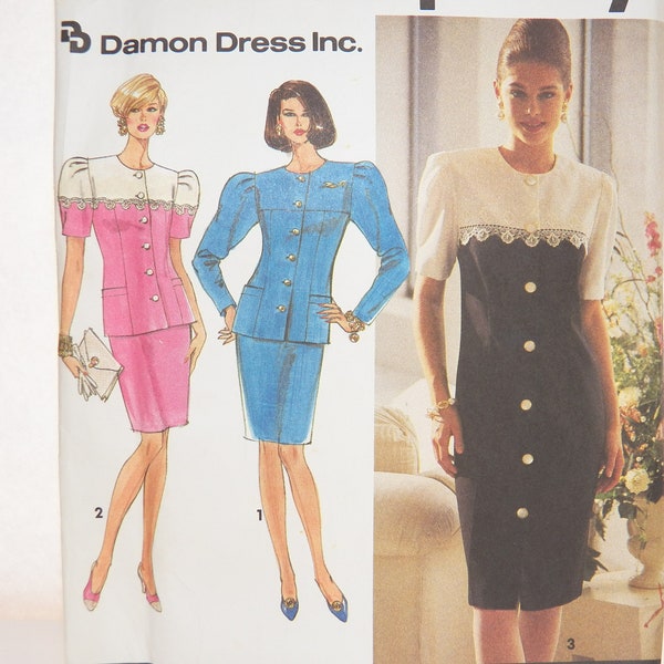 UNCUT Simplicity 7669 Pattern, Dress or Two-Piece Suit, Long or Short Sleeve Jacket with Pockets, Straight Skirt, 90s Vintage, Size 12 14 16