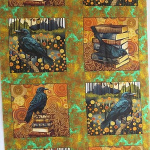 May include: Fabric panel featuring repeating square images of black crows perched on books or branches. The background has a green and brown color scheme with decorative circular and swirl patterns.