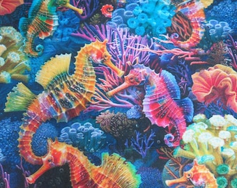 Ocean Seahorse Cotton Fabric, Colorful Coral Reef Pattern #SEA-CD 3813 from Timeless Treasures