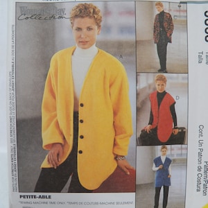 May include: A sewing pattern featuring a woman wearing a yellow cardigan over a white turtleneck, with black pants. The pattern also shows a red vest and a blue vest. The pattern is labeled "Petite-Able".