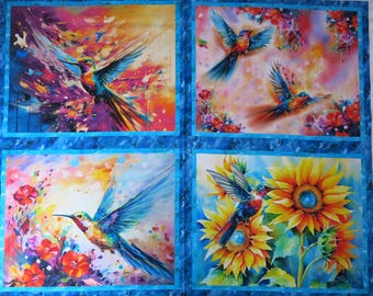 Panneau de tissu en coton à motifs d'oiseaux et de fleurs, 89 x 109 cm (35 x 43 pouces), de la collection « 3 Wishes », design Shawna Stewart, quatre blocs de 47,6 x 36,8 cm (18,75 x 14,5 pouces).