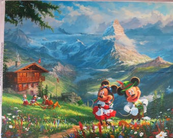 Panel de tela de Disney, Minnie y Mickey en los Alpes, Thomas Kinkade Studios (89,5 x 112 cm)
