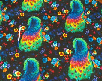 GLOW Peacocks on black background scattered with vivid Flowers from Timeless Treasures by Chong-A Hwang, Quilting Sewing Fabric, Sold BTY